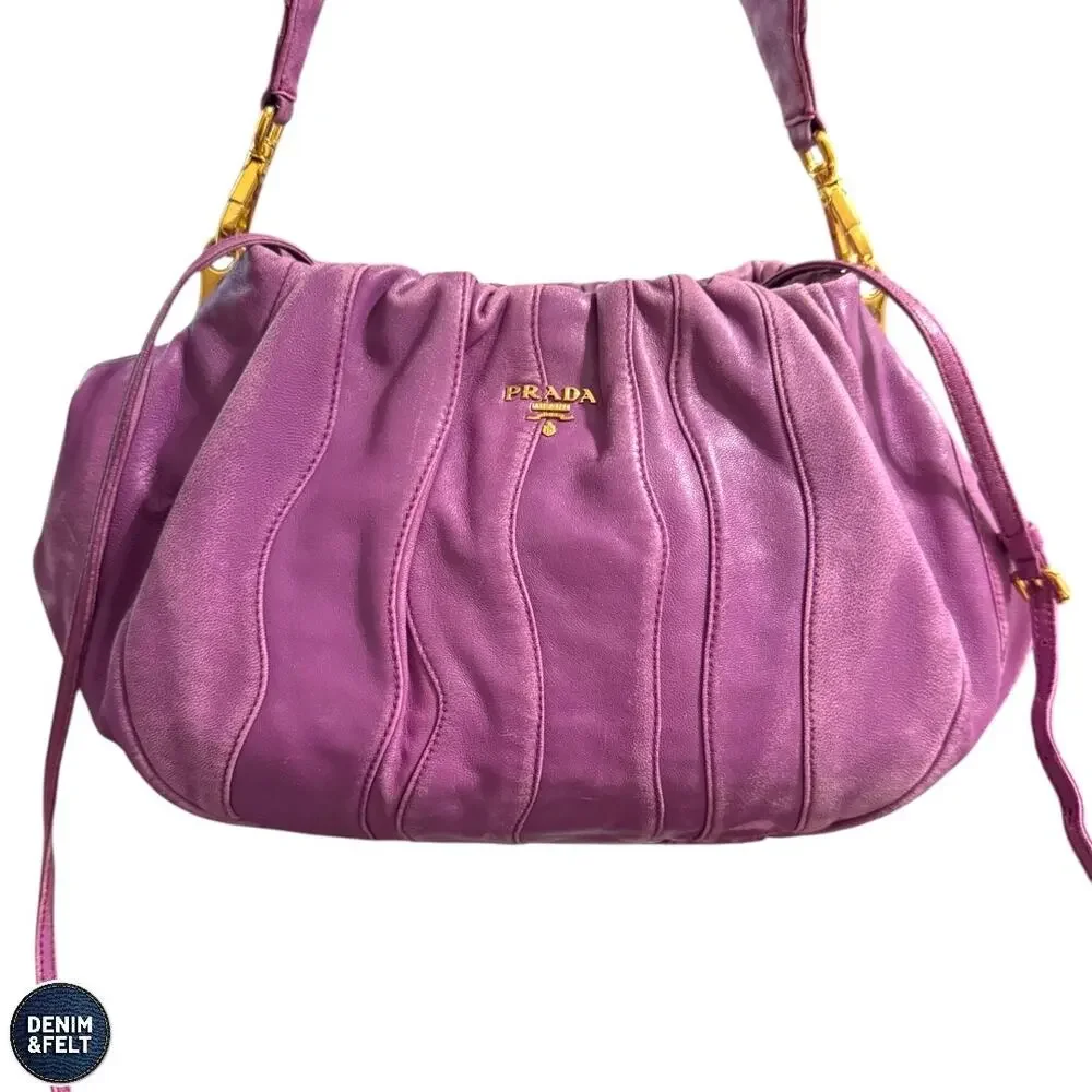 Prada Purple Leather Pleated Shoulder Bag Gold Hardware Slouchy‎ Hobo Purse Luxe